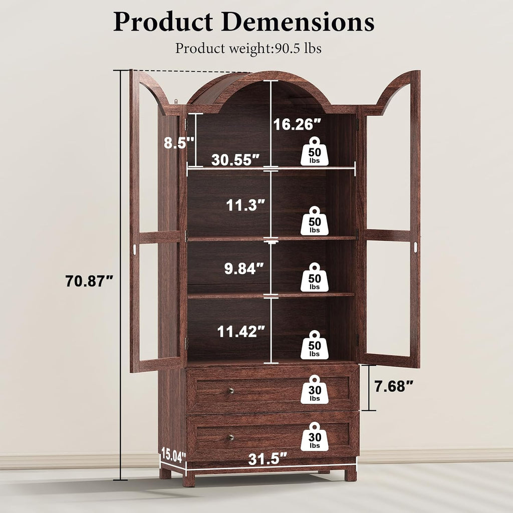 EasyCom 71 Tall Arched Pantry Cabinet, Farmhouse Wood Kitchen Cabinet with 2 Large Drawers, 4-Tier Storage Cabinet with Adjustable Shelf & Magnetic Clasp Doors for Living Room, Dining Room, Brown