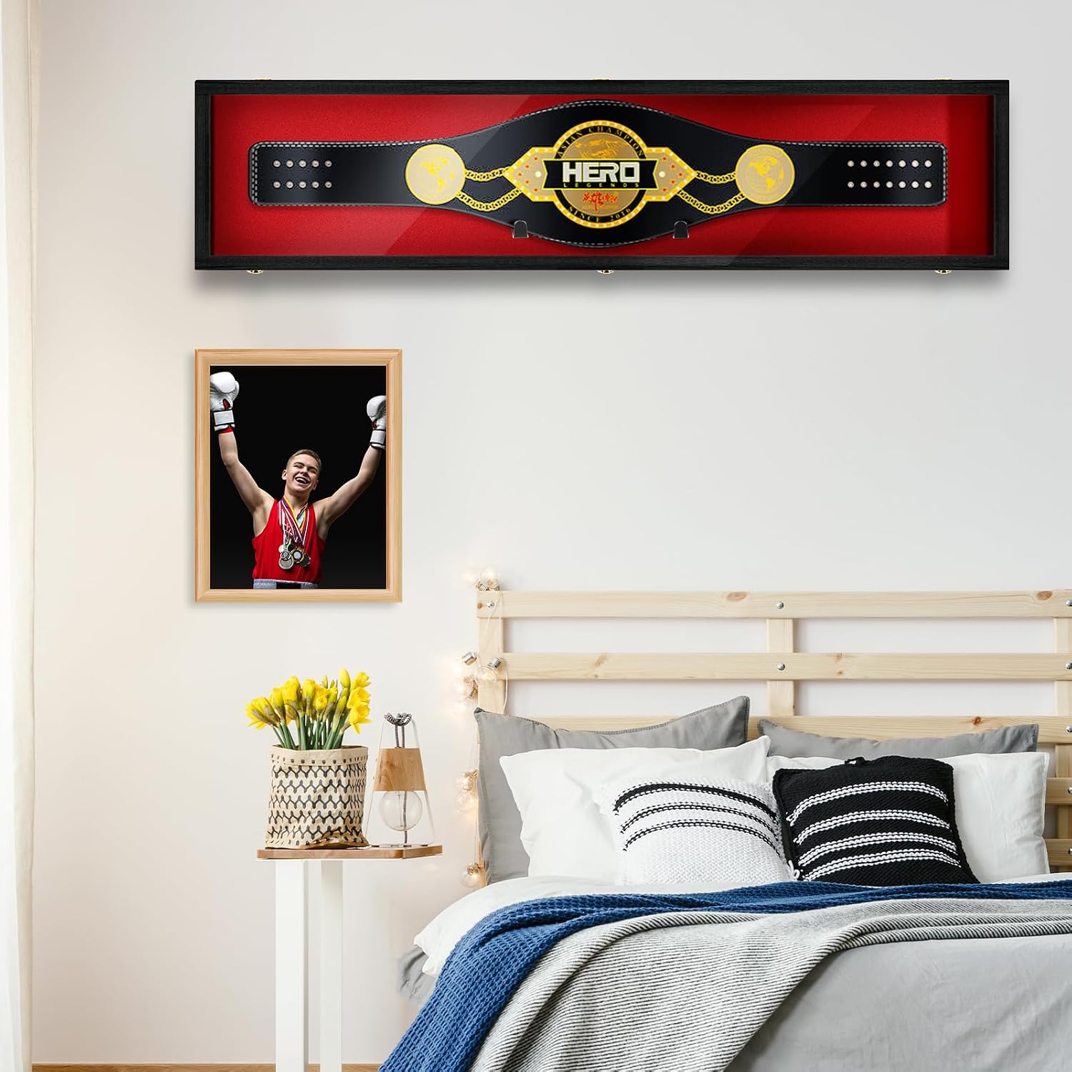 Silipull 54' Wrestling Championship Belt Display Case Championship Wrestling Belt Wall Mount Wooden Display Case Cabinet W/98% UV Acrylic Door Lockable Box for Christmas Collectors Gift
