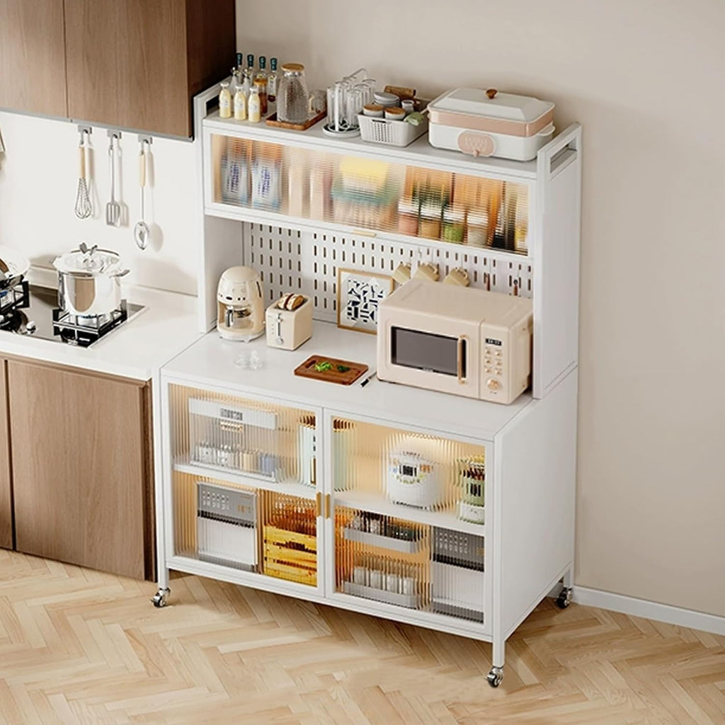 Bakers Rack with Wheels, Microwave Stand with Storage, Kitchen Storage Cabinet, Utility Shelf for Kitchens, Spacious Operating Table(White,70cm)