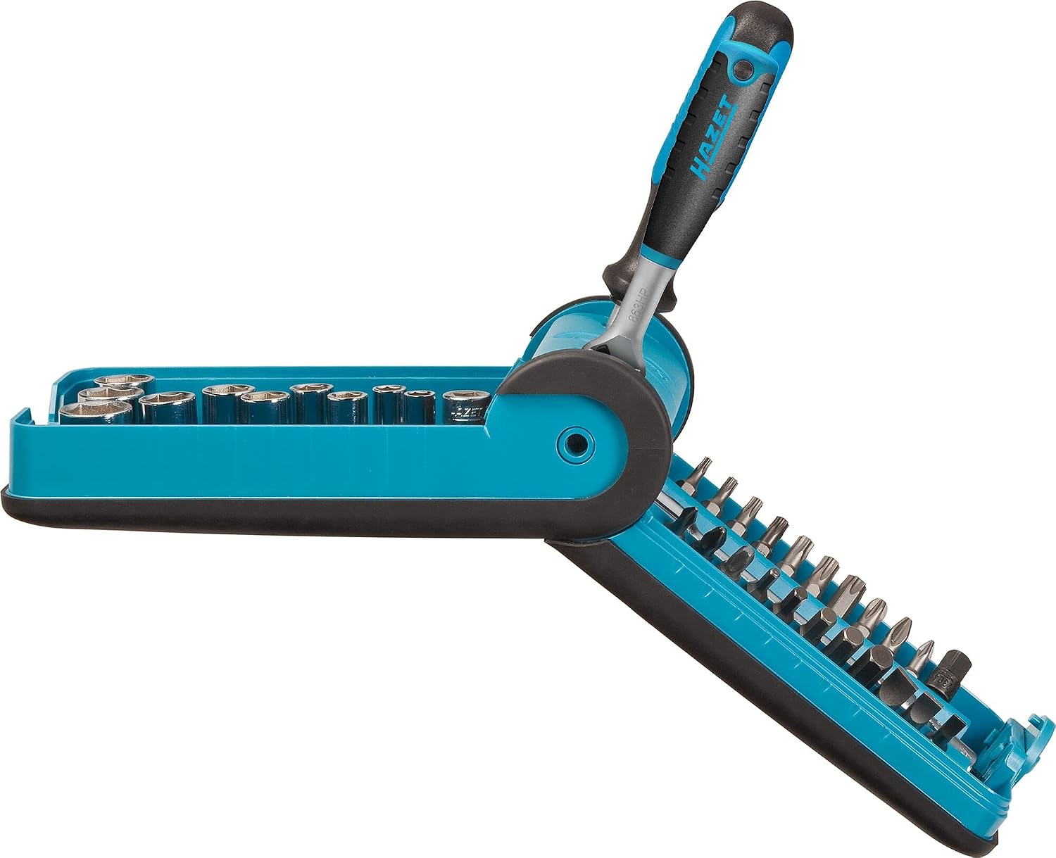 Hazet HiPer 863HP Fine Tooth Reversible Ratchet Set and 1/4 Inch Socket Handle, 10 Sockets, 21 Bits, Various Extensions and Adaptors 856-1HP, Black/Blue