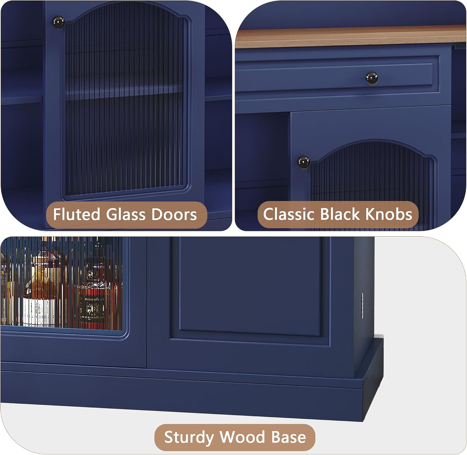 ARTPOWER Farmhosue Coffee Bar Cabinet with Hutch - 48' Modern Buffet Cabinet with Drawer Storage and Glass Doors,Wine Bar Table with Adjustable Shelves for Living Dining Room,Blue
