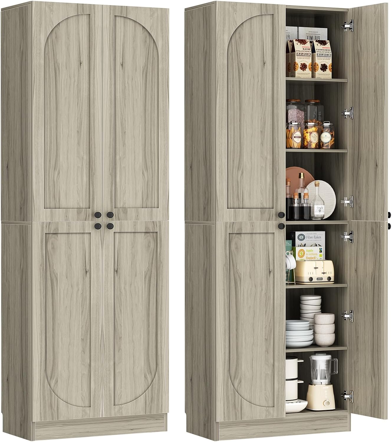 Cyclysio 80' Kitchen Pantry, Extra Tall Arch Storage Cabinet with 4 Soft Close Doors and Adjustable Shelves, Freestanding Wood Cupboard with Seamless Fit Wall for Dining Living Room Bathroom Furniture