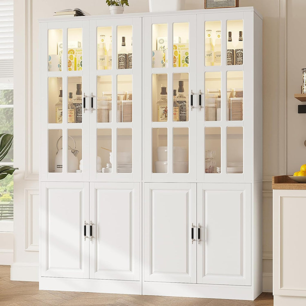 MEISSALIVVE Kitchen Pantry Storage Cabinet with LED Lights, 78.7' Tall with Glass Doors & Drawers, Freestanding Utility Cabinet, White (31.5' W x 15.7' D)