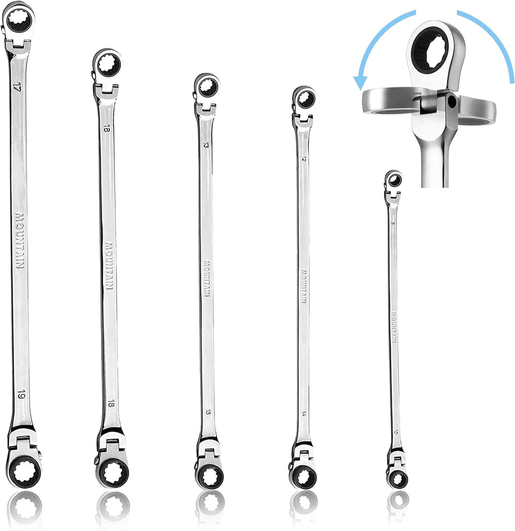 Mountain RM6 5-Piece Metric Double Box Universal Spline Reversible Ratcheting Wrench Set; 8 mm - 18mm, 90 Tooth Design, Long, Flexible, Reversible; 4-Pack
