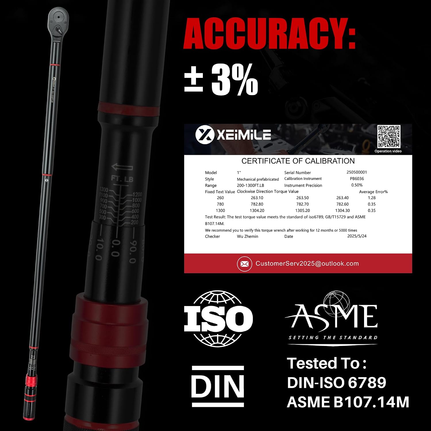 1-Inch Drive Click Torque Wrench - 200-1300 Ft-Lb/271-1762.5Nm, Dual-Direction Adjustable 24 Tooth Torque Wrench, Accuracy 3% for Car, Truck, Tractor, Maintenance and Product Assembly