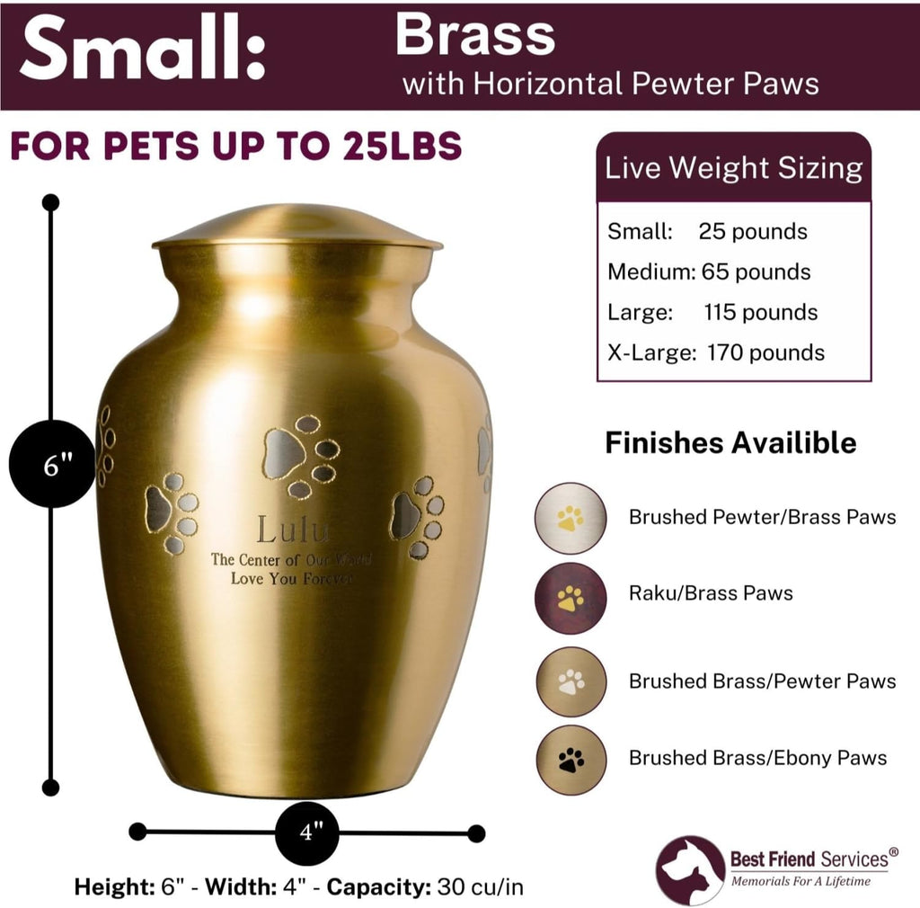 Ottillie Paws Elite Series Pet Urn for Dogs and Cats with Personalized Engraving (Small - Pets up to 25 lbs, Brass, Horizontal Pewter Paws)