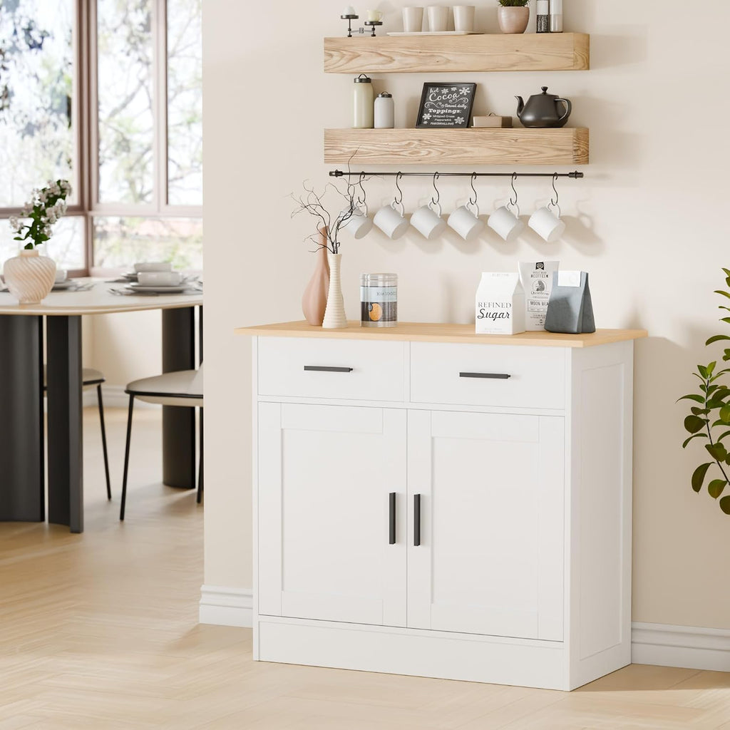 Buffet Cabinet with Storage - Buffets & Sideboards Kitchen Storage Cabinet, Wood Console Table Coffee Bar Accent Cabinets for Living Room Dining Room Entryway Small 2 Doors & Drawers, White 35.4'W