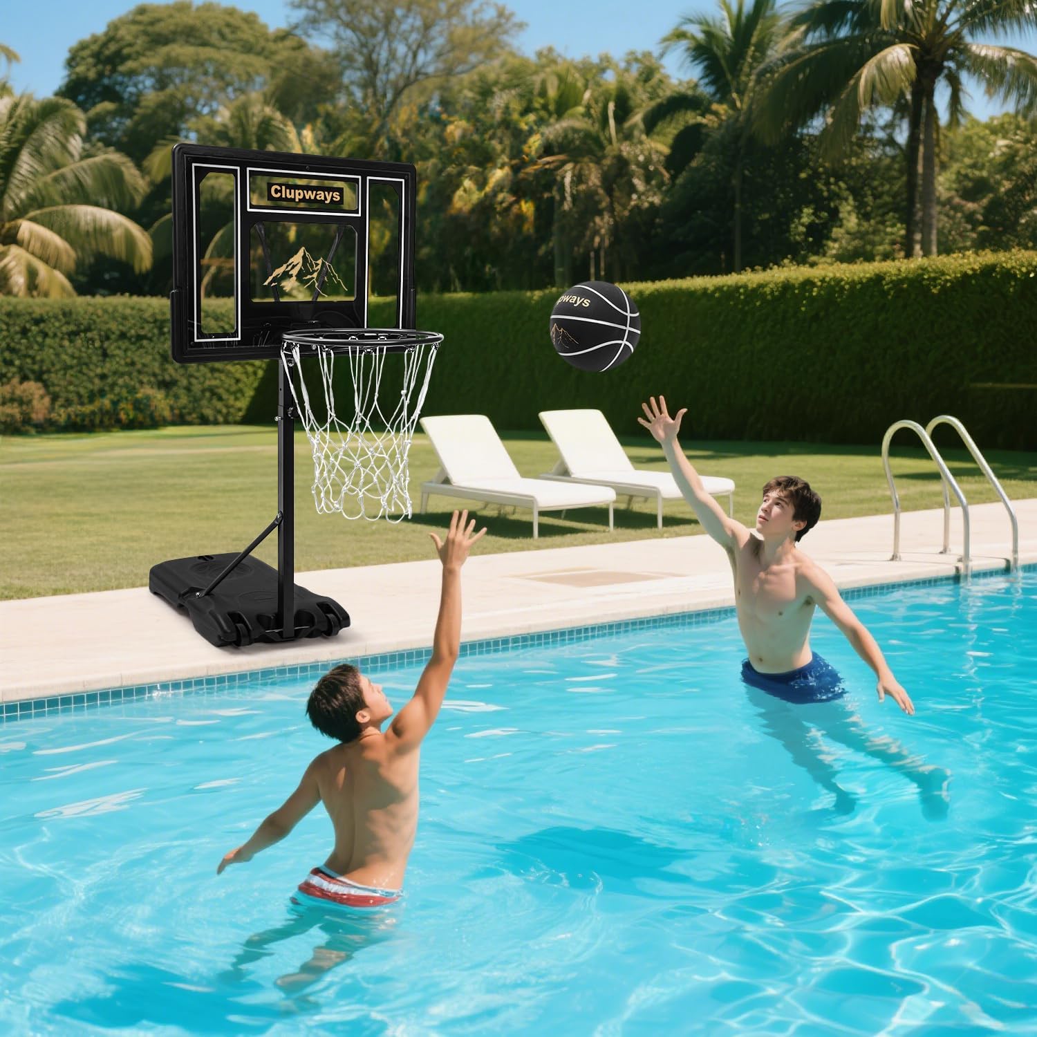 Pool Basketball Hoop Poolside Height Adjustable Portable Basketball Hoop for Pool with Shatterproof Backboard and Weather-Resistant Steel Screws/Brackets, Includes Ball and Air Pump