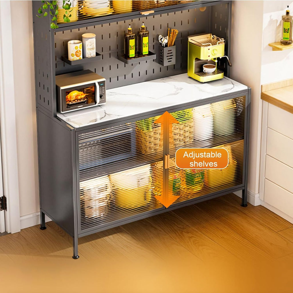 Kitchen Baker's Rack with Door Cabinet, 5-Tier Microwave Stand with Pegboard Accessories, Stone Tabletop, Adjustable Bottom Shelf(White,80cm)