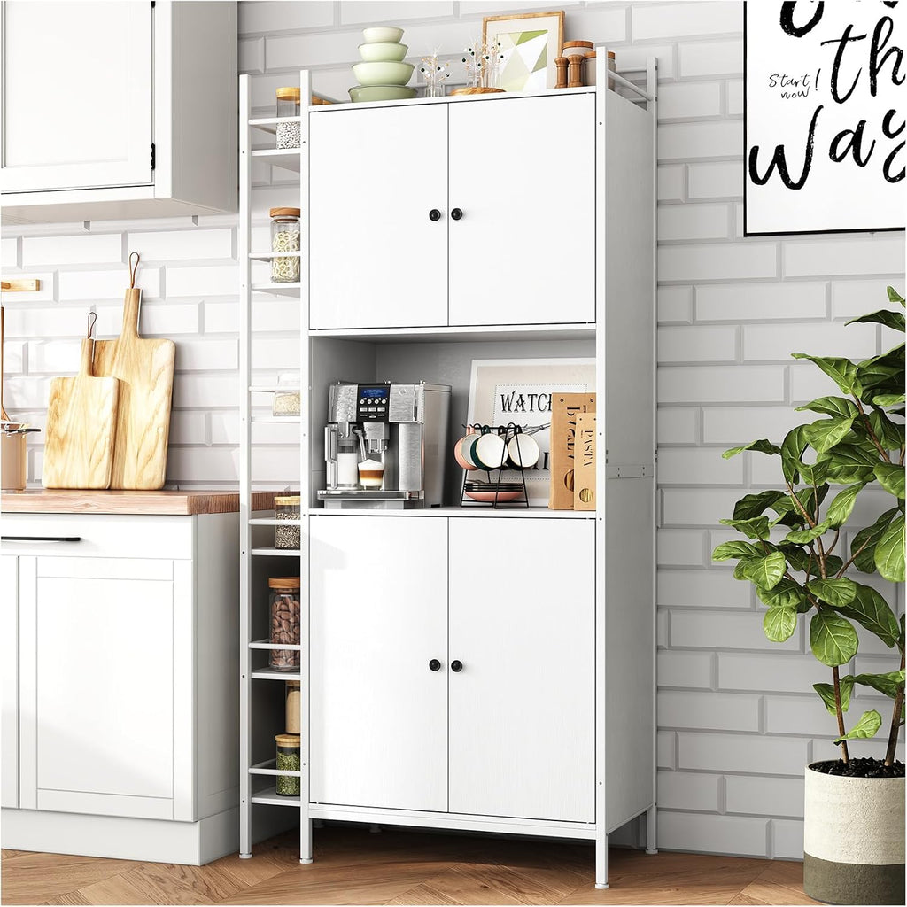 Industrial Style White Kitchen Pantry Cabinet, Tall Kitchen Hutch with Microwave Stand, Food Storage Cabinet with 6 Side Shelves and 2 Doors for Dining Room, and Living Room