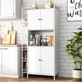 Industrial Style White Kitchen Pantry Cabinet, Tall Kitchen Hutch with Microwave Stand, Food Storage Cabinet with 6 Side Shelves and 2 Doors for Dining Room, and Living Room