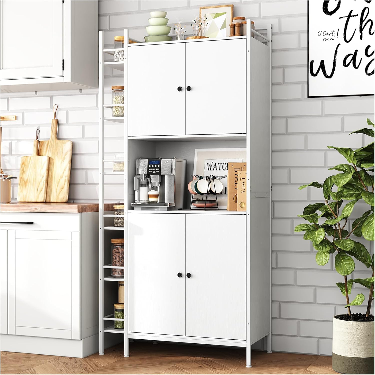 Industrial Style White Kitchen Pantry Cabinet, Tall Kitchen Hutch with Microwave Stand, Food Storage Cabinet with 6 Side Shelves and 2 Doors for Dining Room, and Living Room