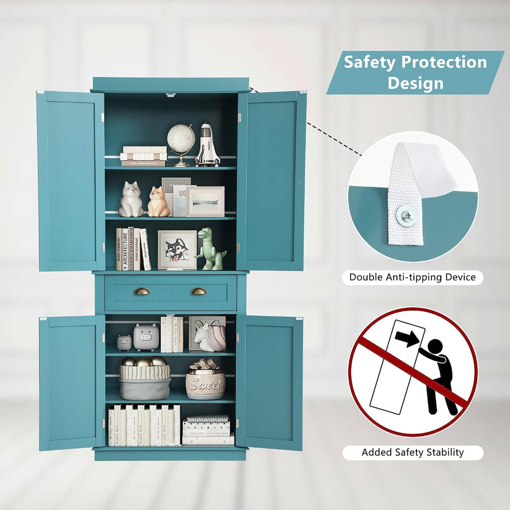 KIGOTY 72' Tall Kitchen Pantry Cabinet with Drawer and 4 Adjustable Shelves, Freestanding Pantry Storage Cabinets, Wood Cupboard Pantry Cabinet for Kitchen, Dining Room, Living Room, Turquoise