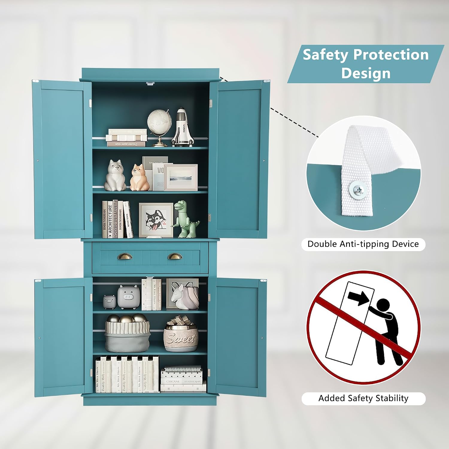 KIGOTY 72' Tall Kitchen Pantry Cabinet with Drawer and 4 Adjustable Shelves, Freestanding Pantry Storage Cabinets, Wood Cupboard Pantry Cabinet for Kitchen, Dining Room, Living Room, Turquoise