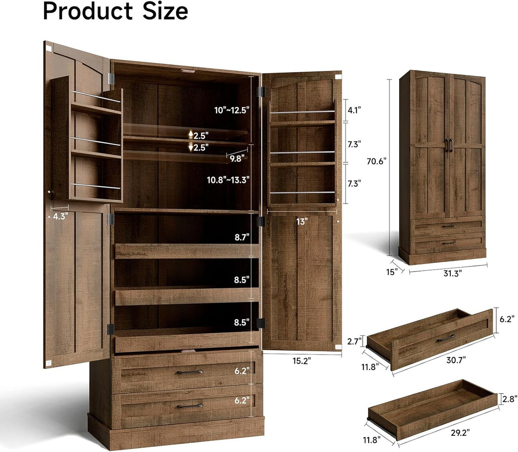 ONBRILL 71' Tall Farmhouse Kitchen Pantry Cabinet with 3 Pull Out Shelves & 2 Large Drawers, Pantry Storage Cabinet with 6 Door Shelf & Adjustable Shelf, Freestanding Cupboard for Kitchen, Dining Room