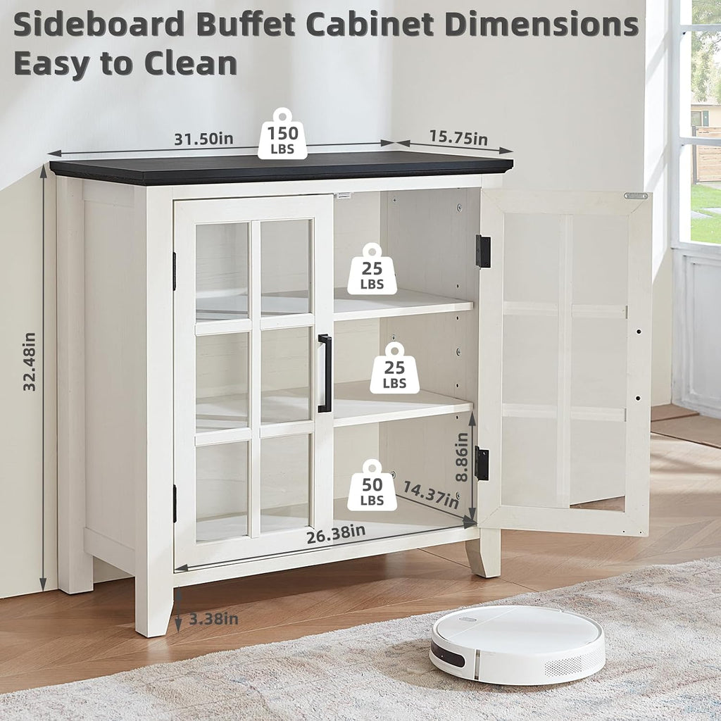 Joaxswe Sideboard Buffet Cabinet with Storage, 32' Farmhouse Kitchen Coffee Wine Bar Cabinet with 2 Glass Doors, Wood Mid Century Modern Side Board Table for Dining Room, Living Room, White
