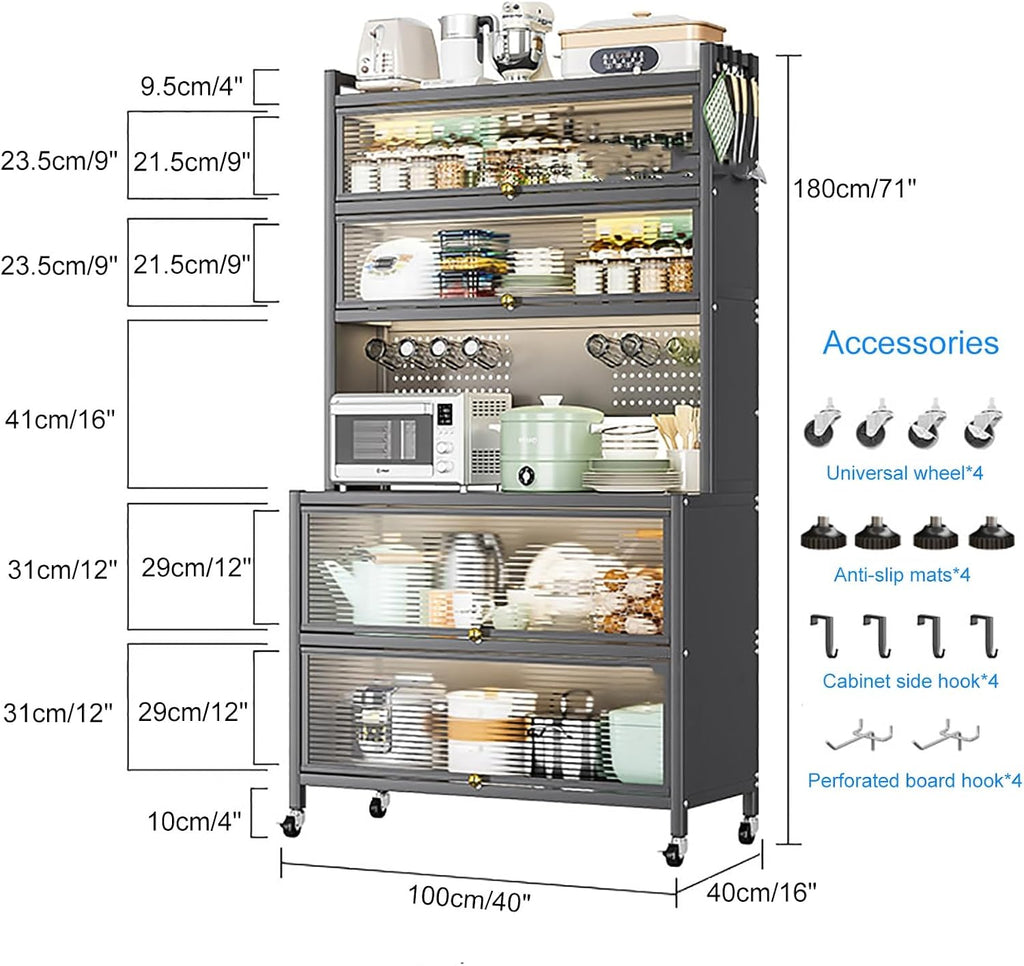 White Baker's Rack with Microwave Stand, Kitchen Storage Cabinet, Flip Door & Drawer, Metal Shelves, Pegboard for Home, Garage & Pantry, Spice Organizer, Durable & Stylish