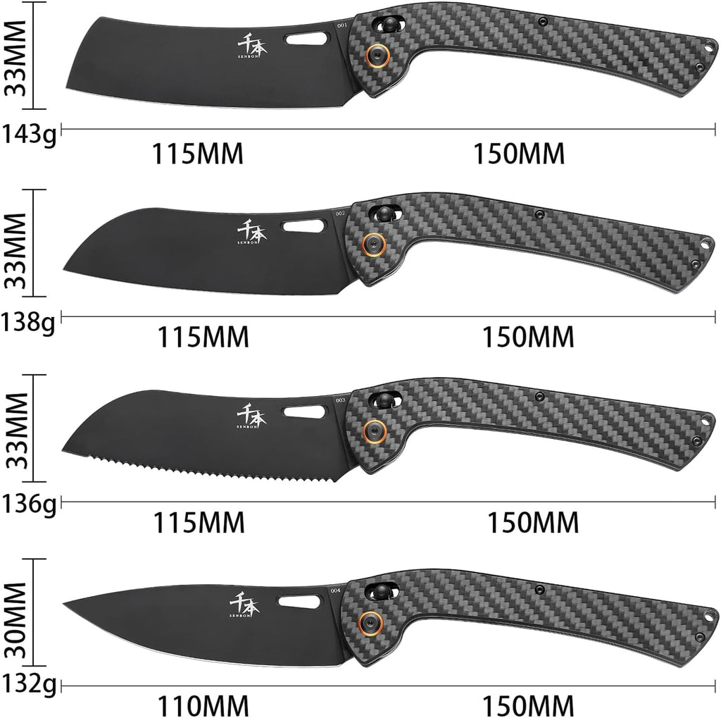 SENBON foldable chef's knife, AUS-8 stainless steel with black titanium plating, carbon fiber handle with back clip, Fruit knife, bread knife 4-piece set