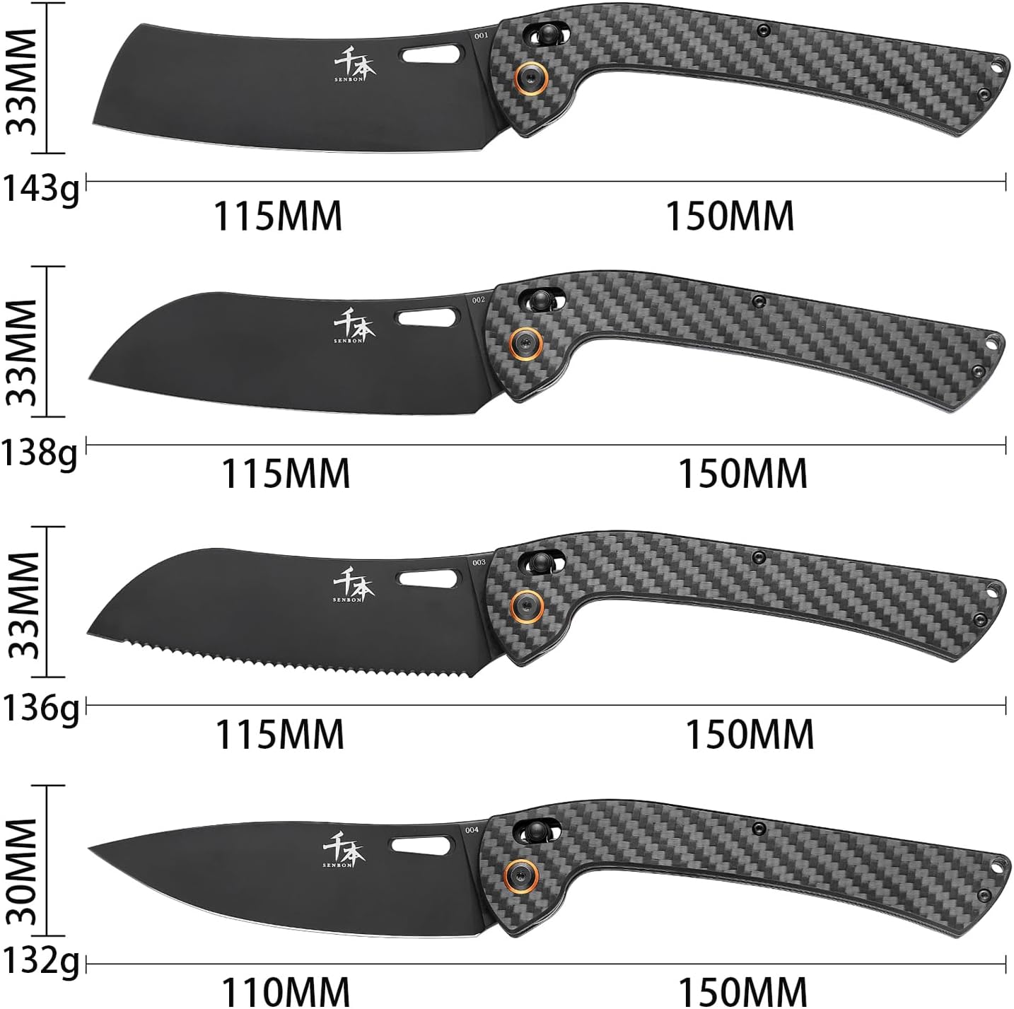SENBON foldable chef's knife, AUS-8 stainless steel with black titanium plating, carbon fiber handle with back clip, Fruit knife, bread knife 4-piece set