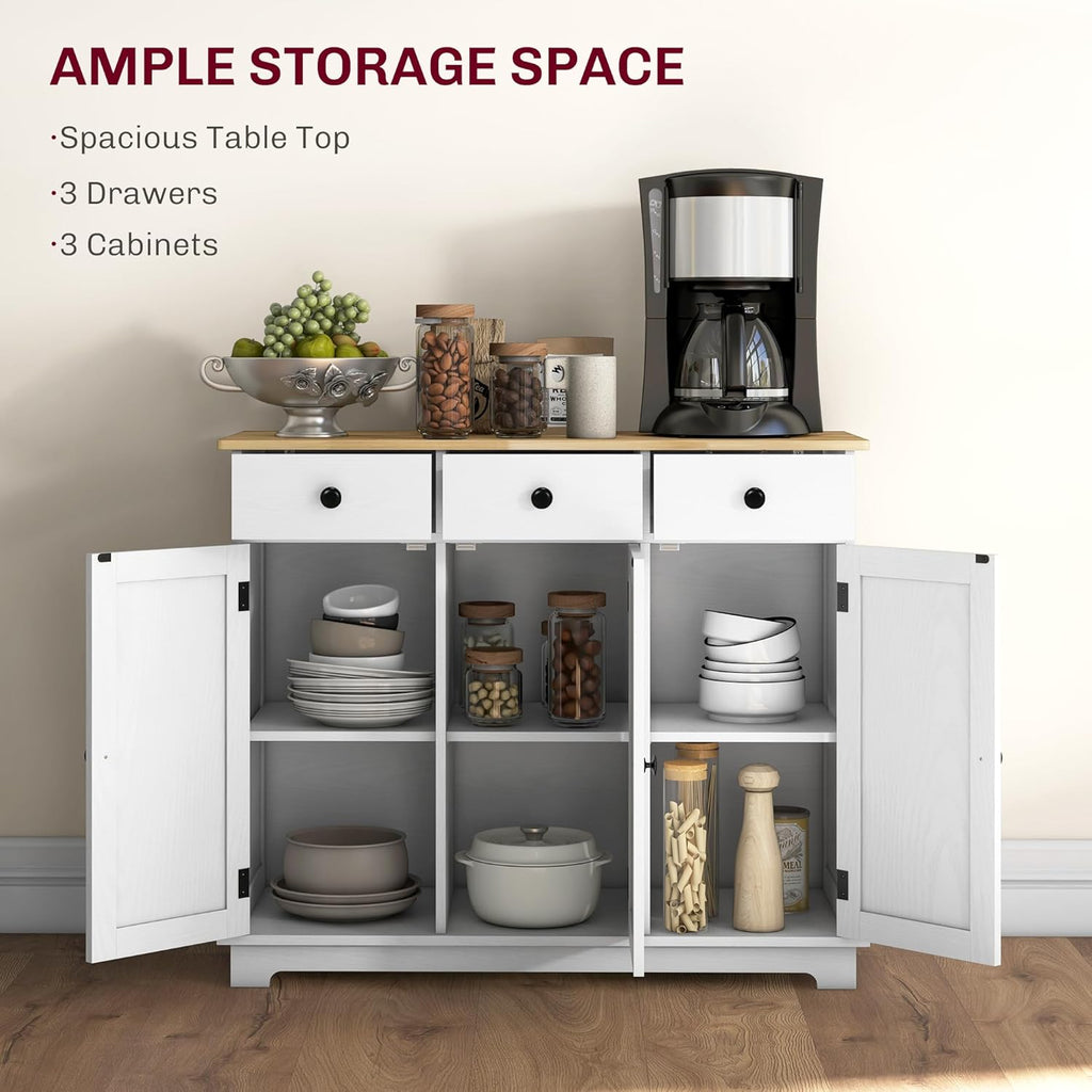 HOMCOM Sideboard Buffet Cabinet with Solid Wood Countertop, Modern Kitchen Storage Cabinet, Coffee Bar Cabinet with 3 Drawers, Doors and Adjustable Shelf, Distressed White