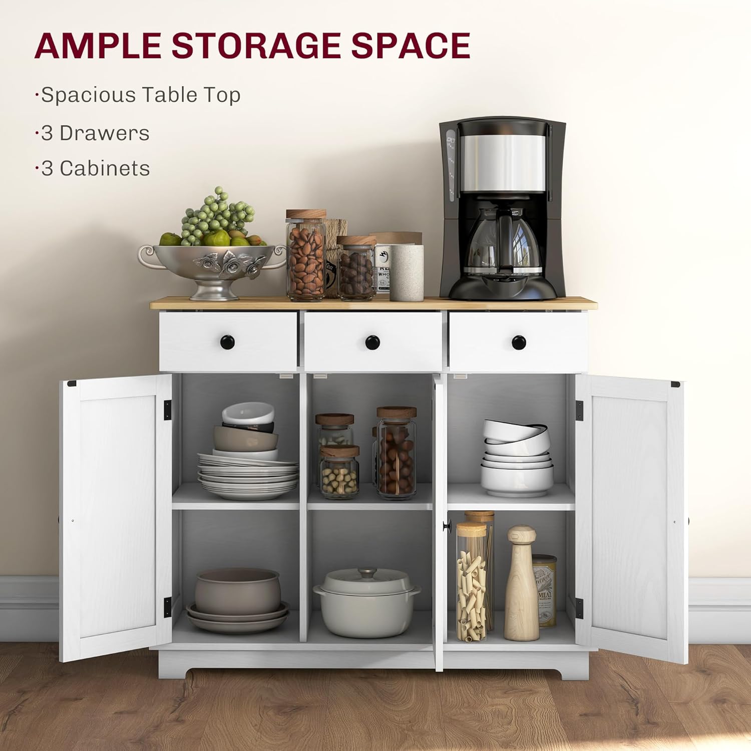 HOMCOM Sideboard Buffet Cabinet with Solid Wood Countertop, Modern Kitchen Storage Cabinet, Coffee Bar Cabinet with 3 Drawers, Doors and Adjustable Shelf, Distressed White