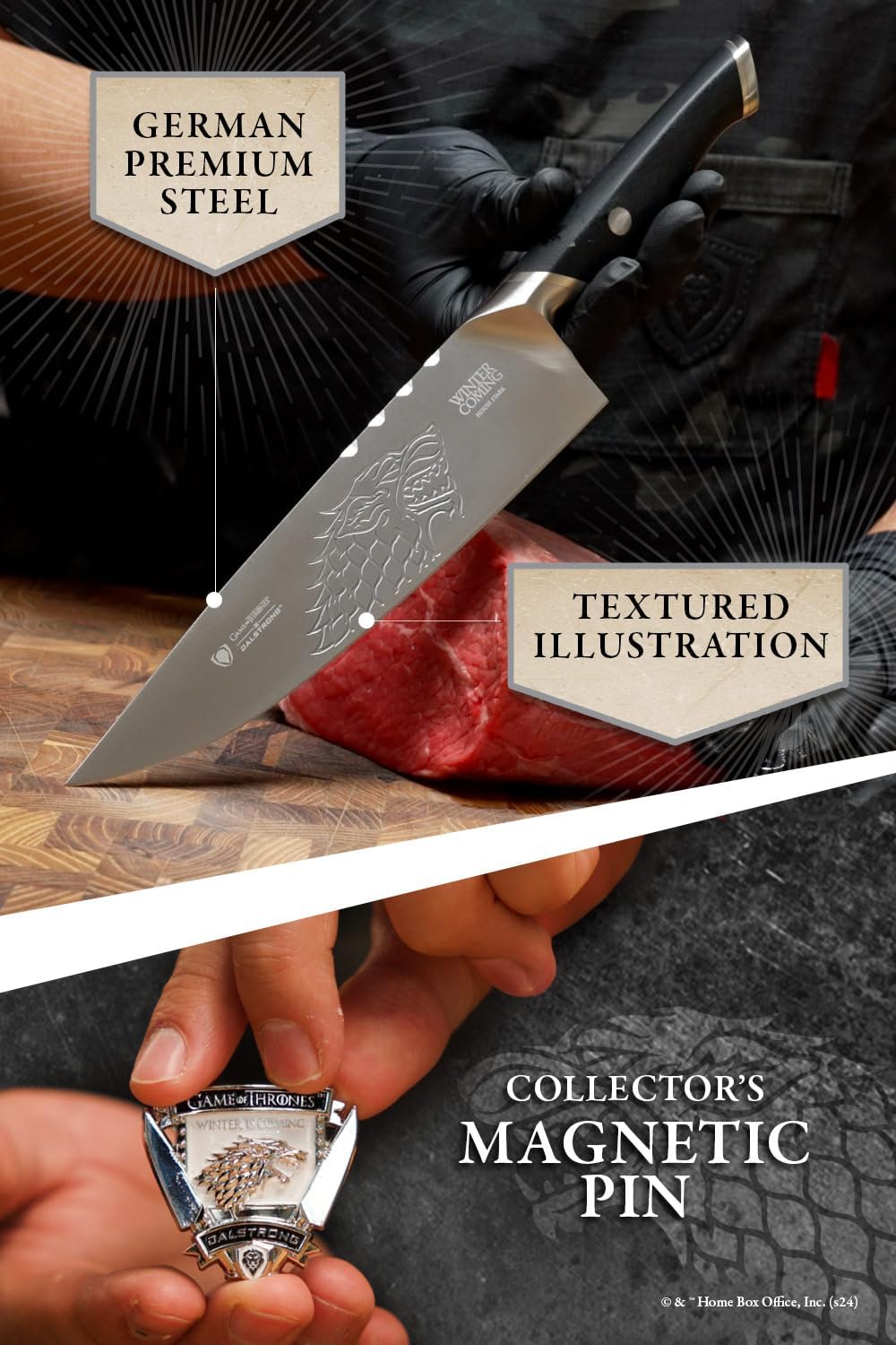 Dalstrong Game of Thrones House Stark 8' Chef Knife — German X50CRMOV15 Steel, Collecion Edition, G-10 Handle — Officially Licensed — For GoT Fans, Collectors & Real Kitchen Use