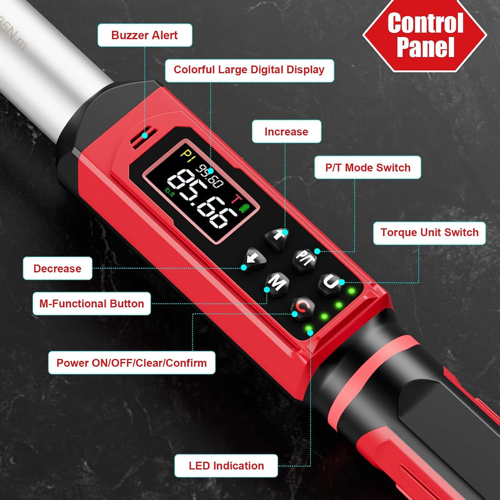 SUERCUP 1/2' Adjustable Digital Torque Wrench (1.5-99.6Ft.Lb/2-135N.m) | Interchangeable 14x18mm Head with 42mm Jaw & 1/2' Ratchet, Vibration, Buzzer & LED Flash, for HVAC, Flare Nut & Auto Repair