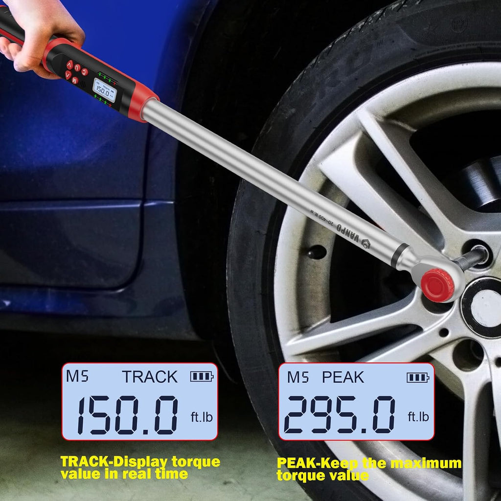 VANPO 3/8' & 1/2' Digital Torque Wrench Set, 3.1-62.7Ft.lb+14.7-295Ft.lb | 4.2-85Nm+20-400Nm, ±2% Accuracy, Preset Value, Buzzer & LED Indicator, Data Storage, for Car, Motorcycle, Truck, RV & Towing