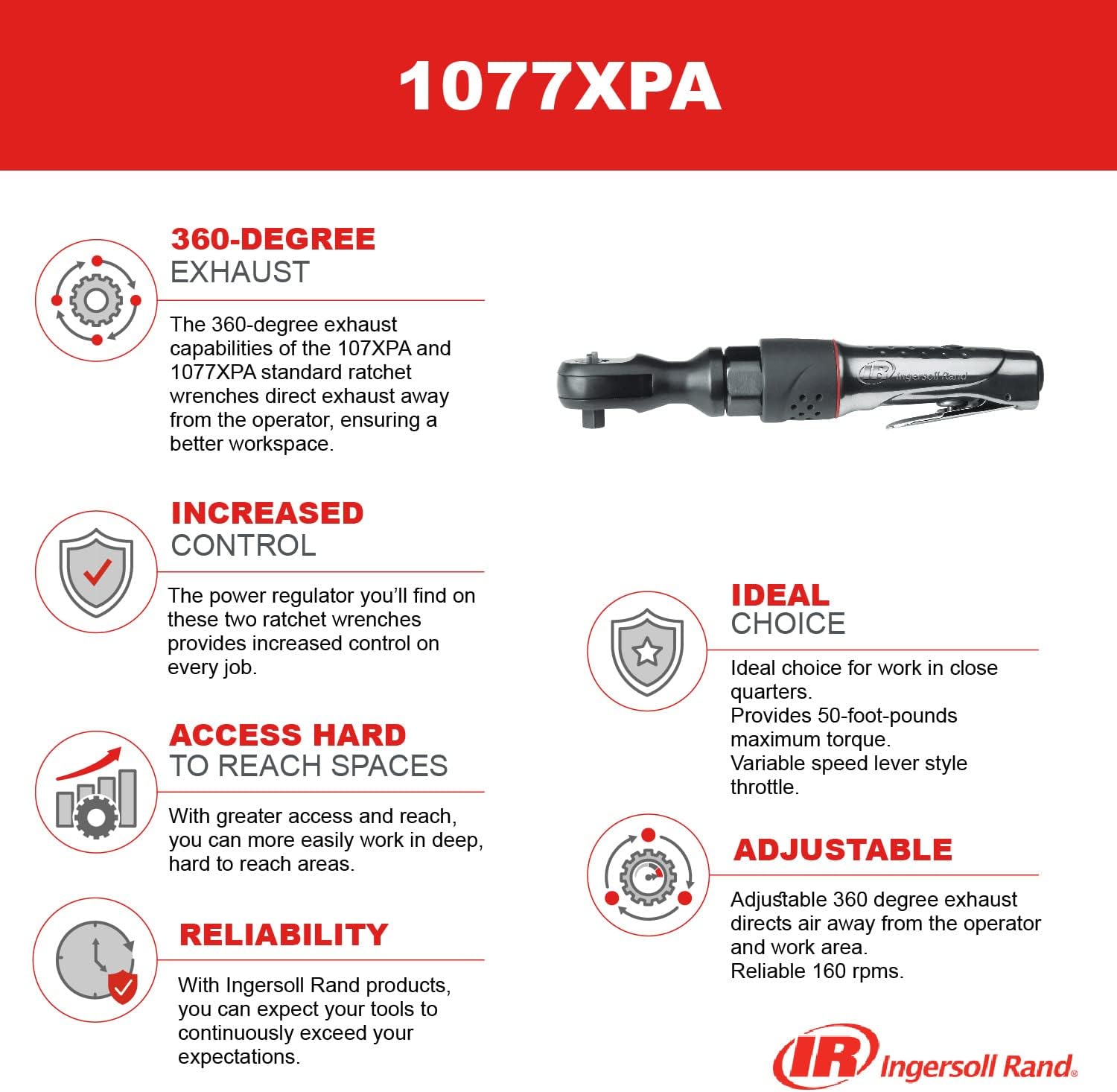 Ingersoll Rand 1077XPA 1/2' Air Ratchet Wrench, 54 ft-lb Torque, 160 RPM