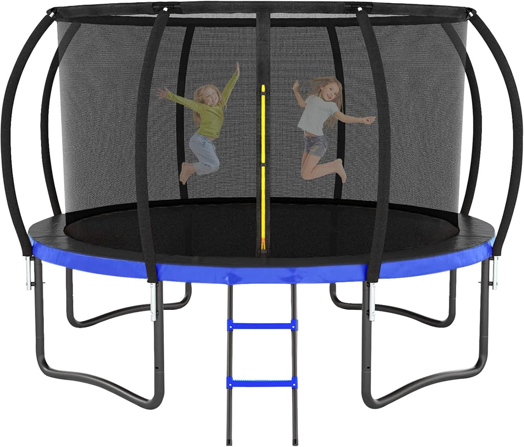 12FT 14FT Trampoline for Adults/Kids - Outdoor Trampoline with Basketball Hoop, Curved Poles, Enclosure Net and Ladder, Heavy Duty Recreational Trampoline, ASTM Approval
