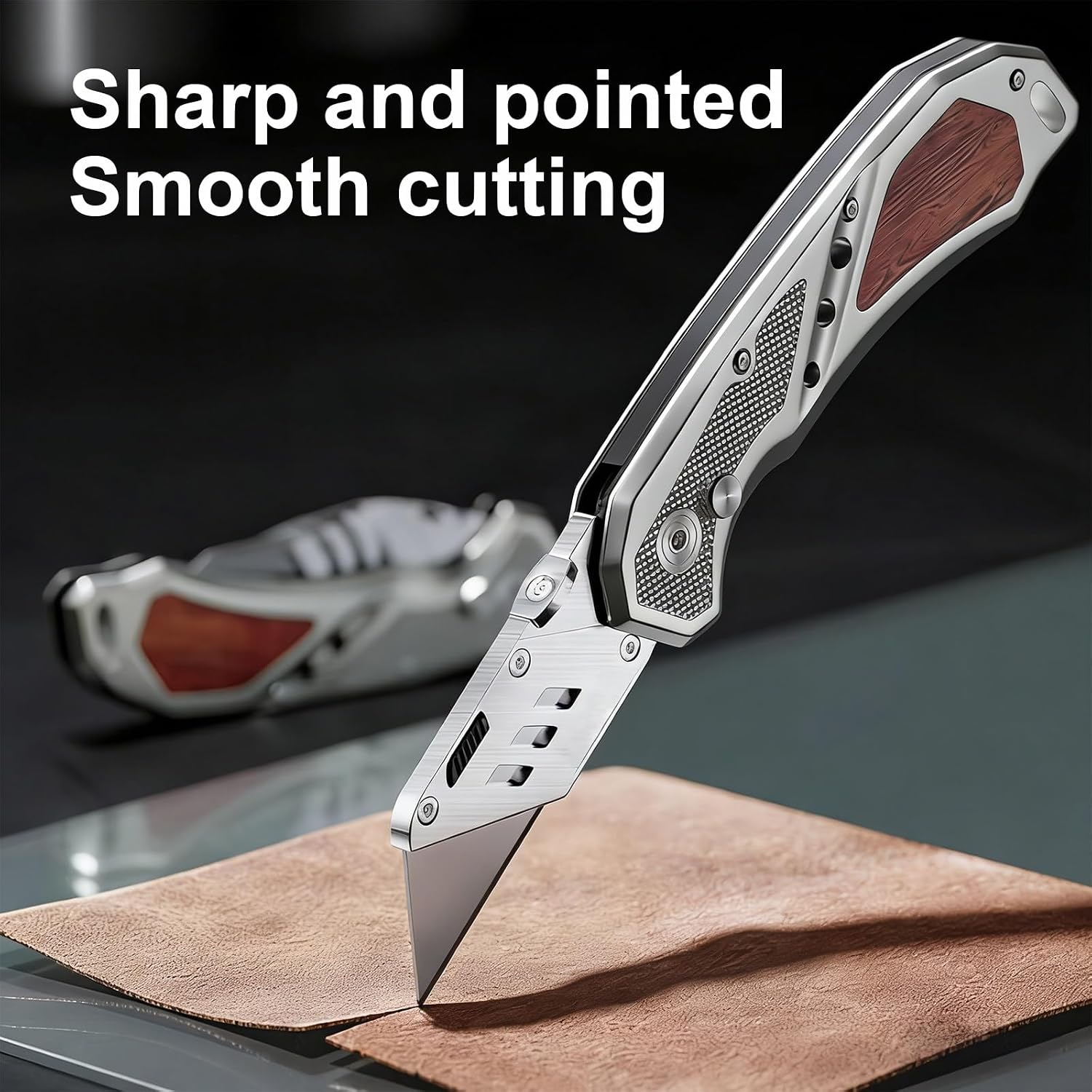 Box Cutter with Belt Clip, Heavy Duty Utility Knife for Cartons, Cardboard, Carpet and Leather, with Wood Handle and Extra 11 SK5 Blades(*2)