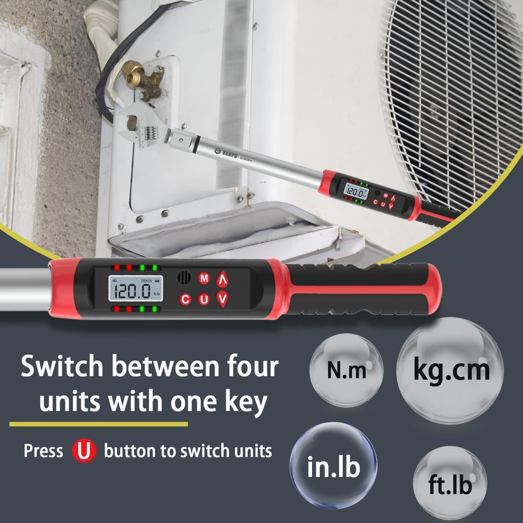 VANPO Digital HVAC Torque Wrench 7.4-147.6 ft.lb, 38mm Adjustable Jaw | 10-200 N.m, ±2% Accuracy, LED Buzzer Alert, 14x18mm Open End, Adjustable Digital Torque Wrench for Mini Split AC, Pipeline