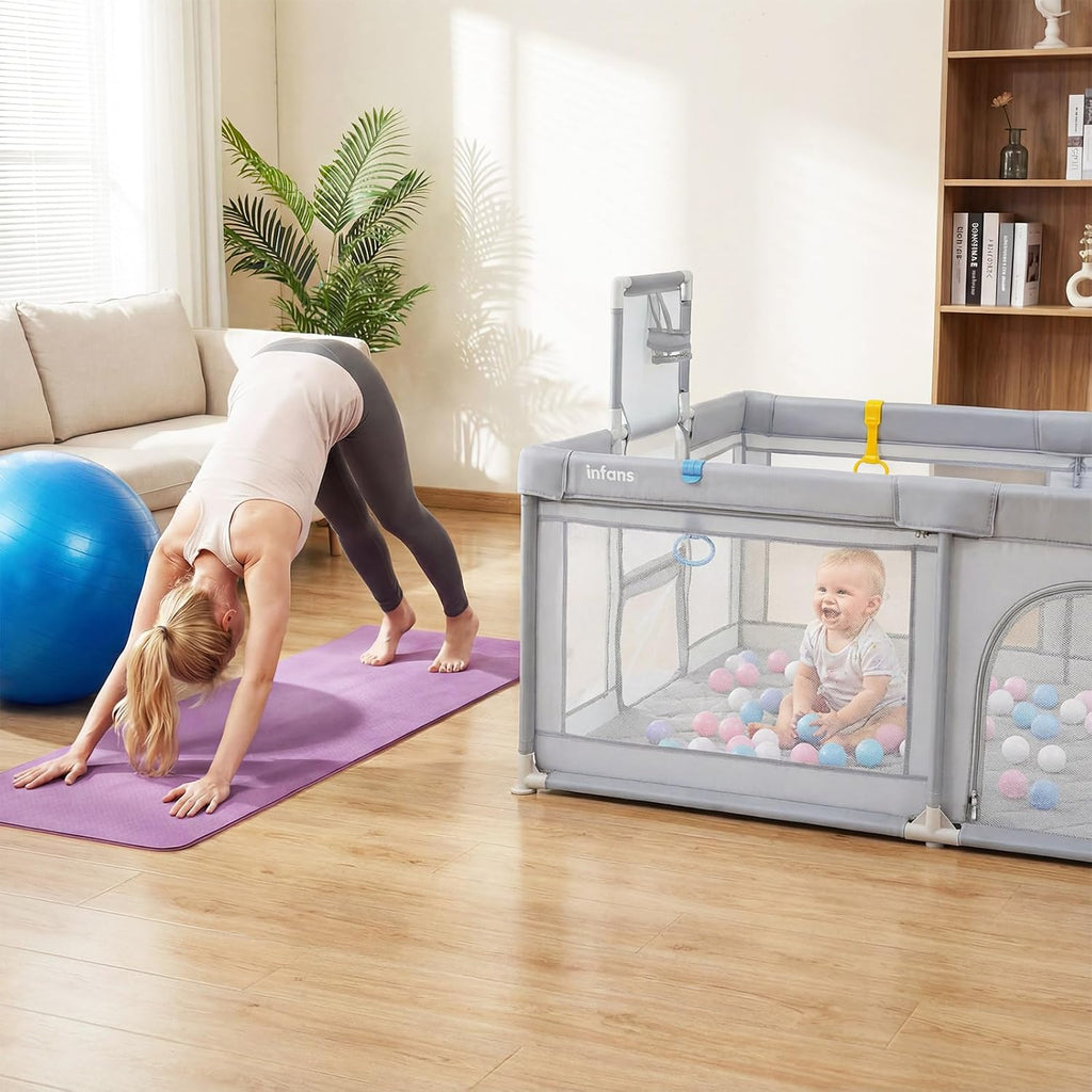 INFANS 74' x 62' Baby Playpen with Soft Mat, Basketball Hoop, 2 Soccer Goals, 4 Handles & 50 Ocean Balls, Breathable Mesh, Indoor & Outdoor Large Play Yard for Toddlers (Moon Light)