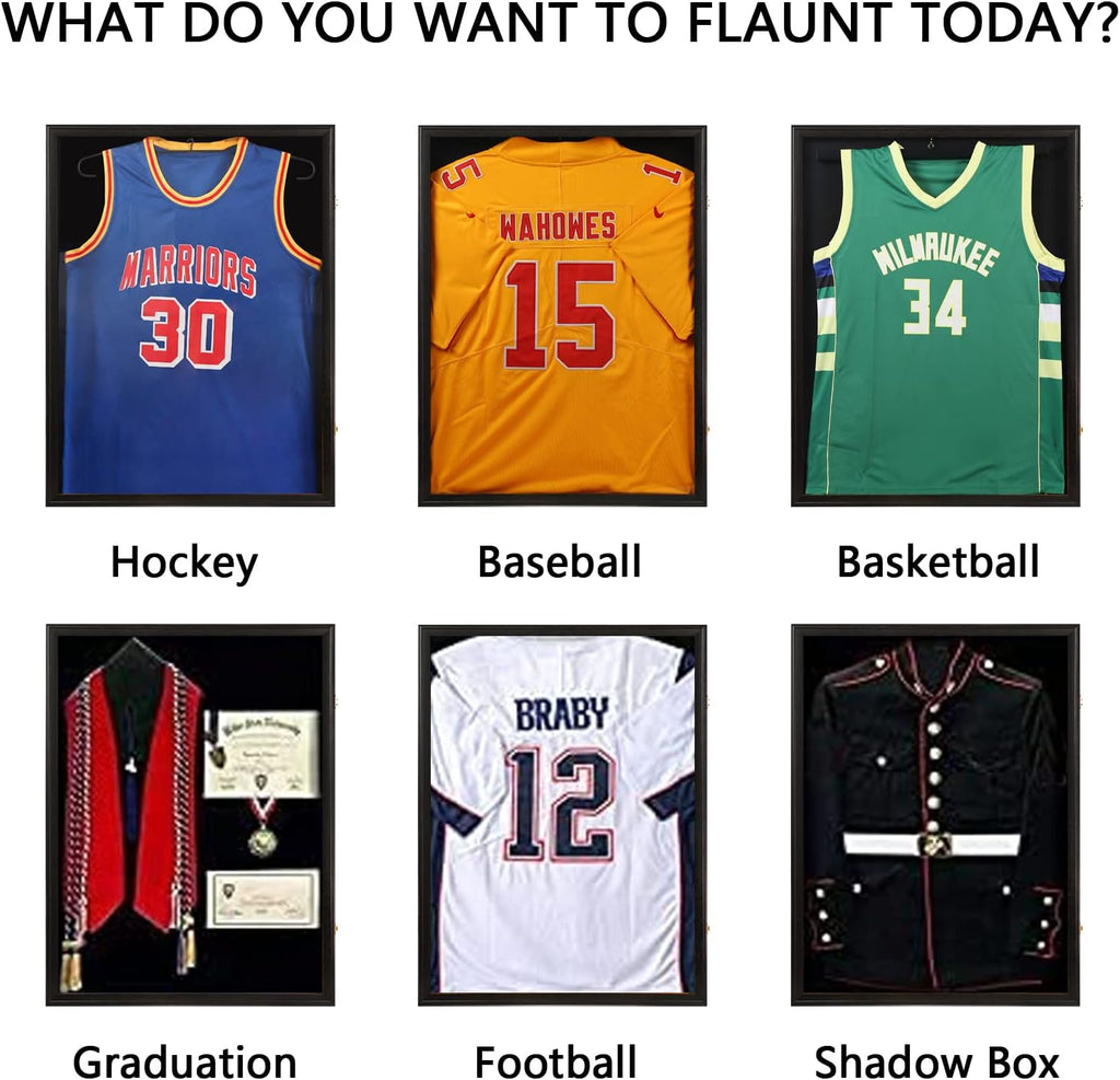 Jersey Frame Display Case 8 Pack-Wood Jersey Display Shadow Box- Lockable Jersey Frame with 2 Wall Hangers and UV Protected Acrylic for Football Baseball Basketball Jersey-Black
