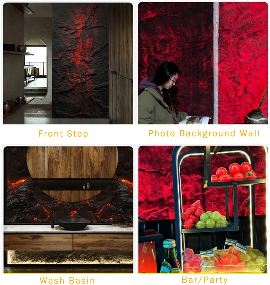 Translucent Volcanic Rock Texture 3D Wall Panels, FRP Imitation Stone, Black, Pack of 4 Tiles