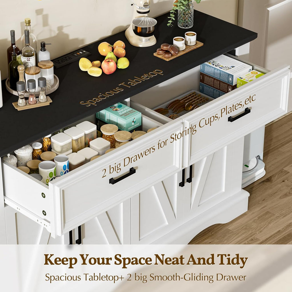 56' Modern Farmhouse Sideboard Buffet Cabinet with 4 Doors and 2 Drawers, Kitchen Storage Cabinet with Adjustable Shelves, Coffee Bar with Charging Station for Living Room, White