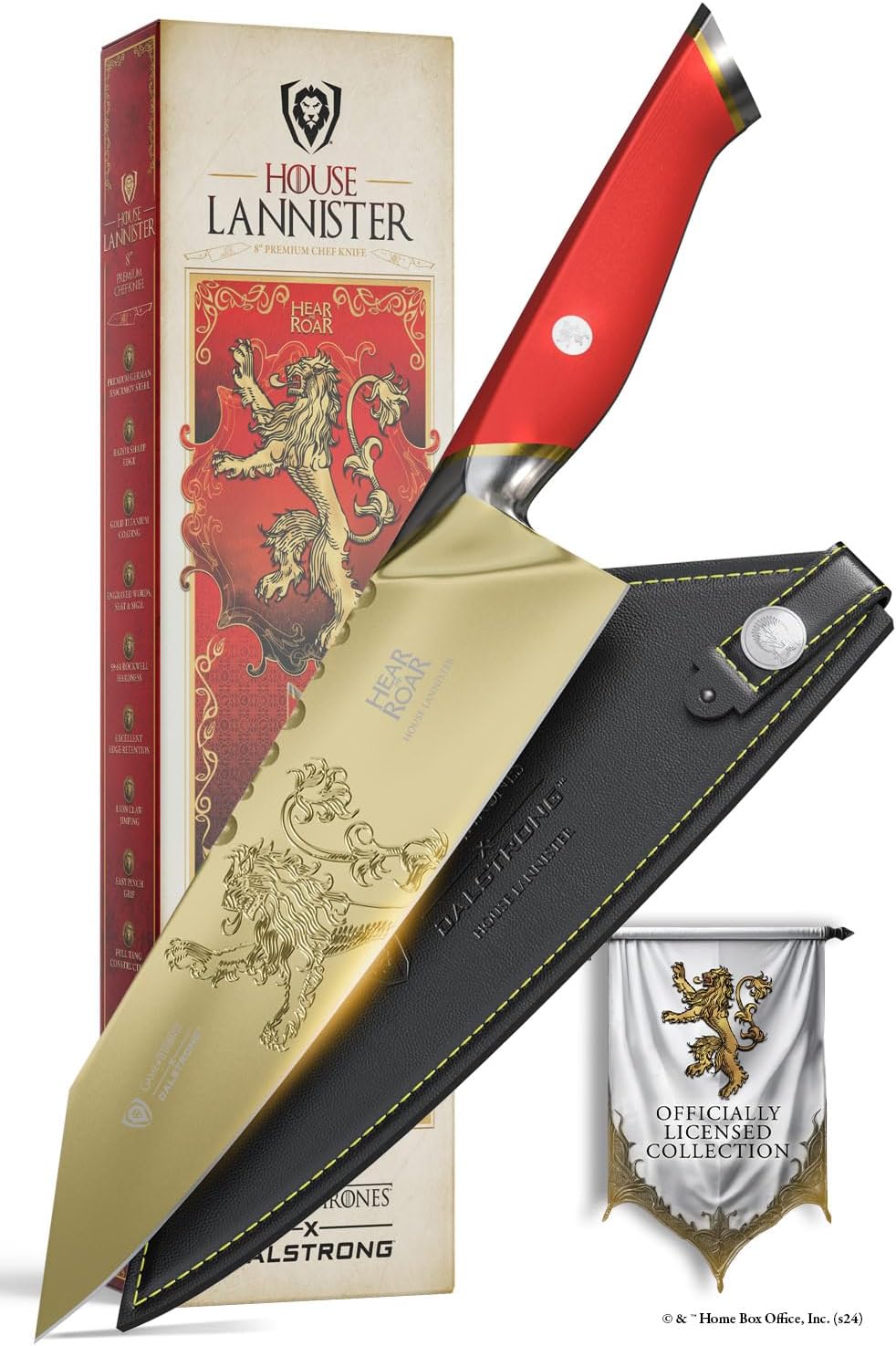 Dalstrong 8 inch Chef Knife- Game of Thrones™ Knife - House Lannister™ Edition - German Premium Steel Full Tang - Professional G10 Handle - Collection Item Toughbuilt Utility Knife- Leather Sheath