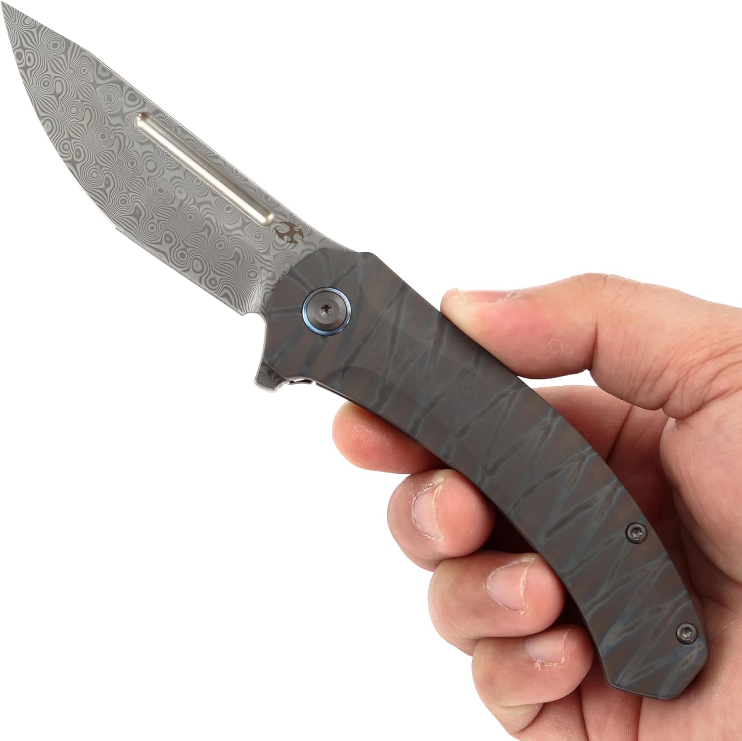 KANSEPT Hira Pocket Knife, 3.46'' Damascus Sharp Steel Blade and Blood groove, Curved Tiger Stripe Flamed Titanium Handle, Secure Frame Lock Folding with Flipper for Edc, Camping Hiking Knives K1090A5