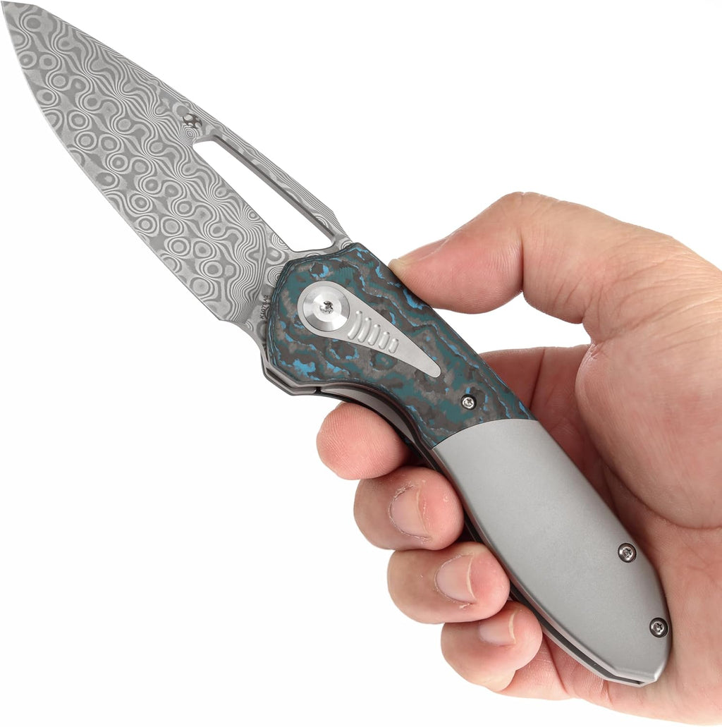 KANSEPT Thoth Camping Pocket Knives for Men 8.05in Folding Pocket Knives with 3.43in Damascus Material and Bead Blasted Titanium + Arctic Storm Fatcarbon Handle for Outdoor,Tactical,Survival K1075A2