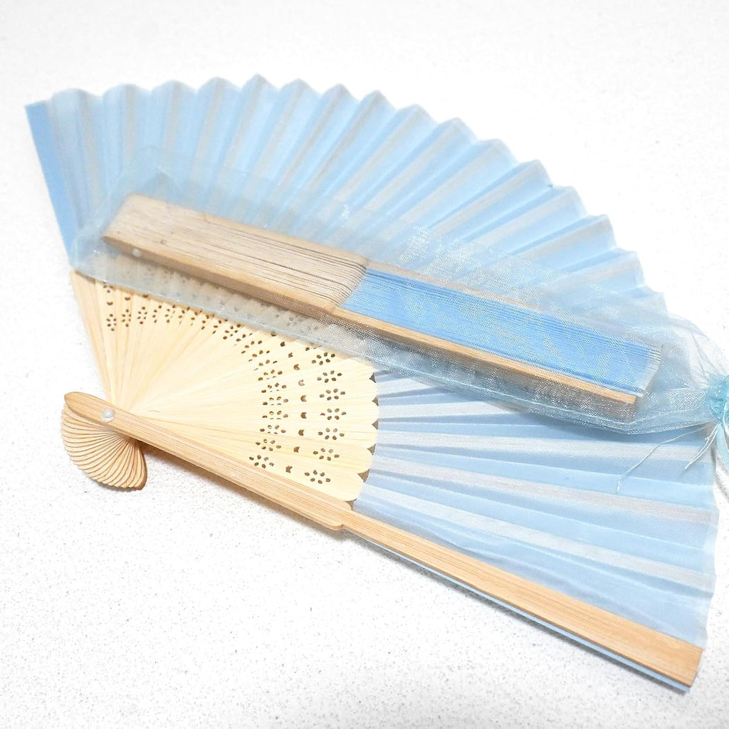 Personalized Engraved Silk Fans Folding Hand Fans with Organza Bags, 103Pcs Light Blue Summer Wedding Fans, Custom Imitated Silk-Bamboo Fans for Guests Wedding Party Favor Bridal Shower Gifts
