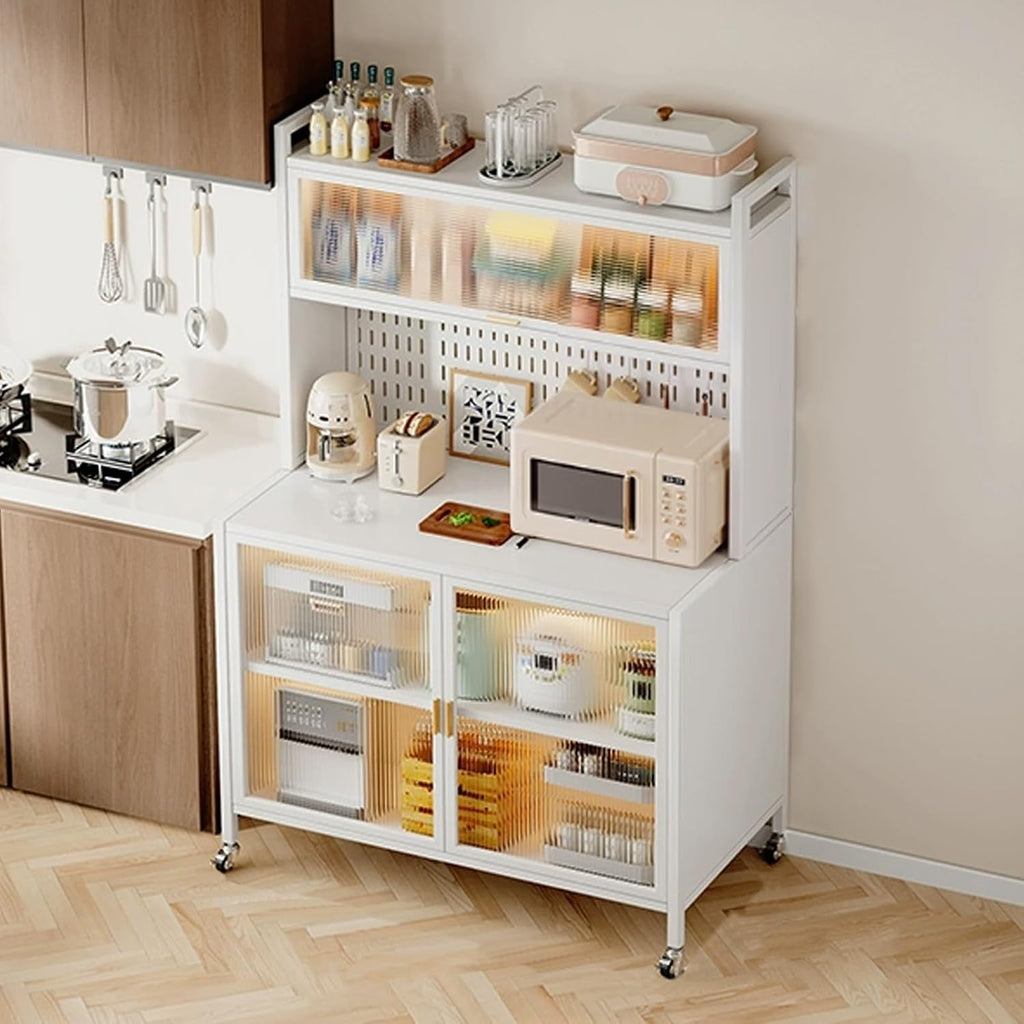 Bakers Rack with Wheels, Microwave Stand with Storage, Kitchen Storage Cabinet, Utility Shelf for Kitchens, Spacious Operating Table(White,60cm)