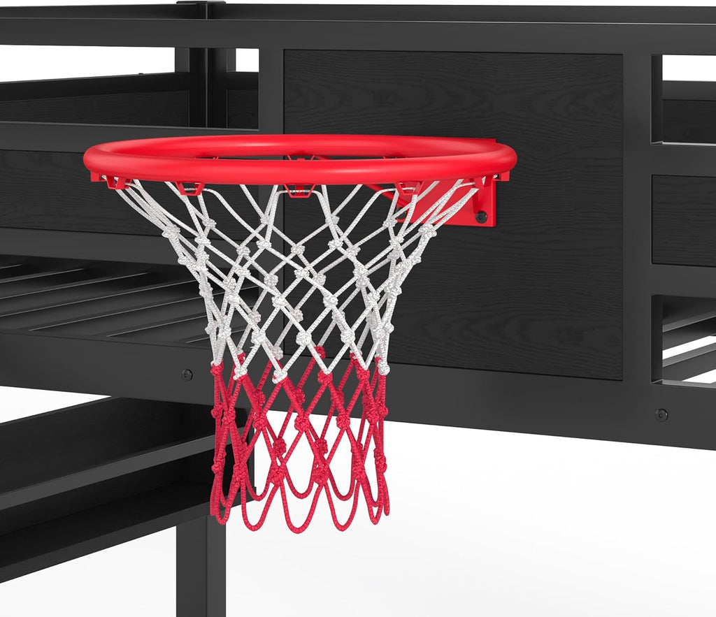 Metal Full Over Full Bunk Bed with Slide and Bookshelf, Modern Heavy Duty Bunk Bed with Basketball Hoop, Pull-Up Rings and Climbing Wall, Low Playhouse Loft Bed for Kids, Black