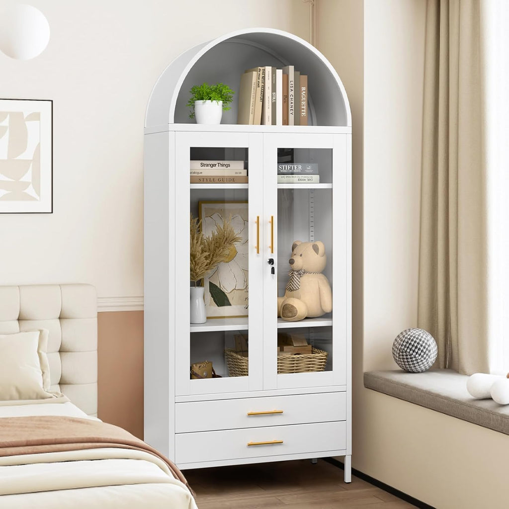 Holiwei Metal Storage Cabinet, 73' Arched Kitchen Pantry Organizer with 2 Drawers & 2 Adjustable Shelves, Freestanding Display Cabinet for Living Room