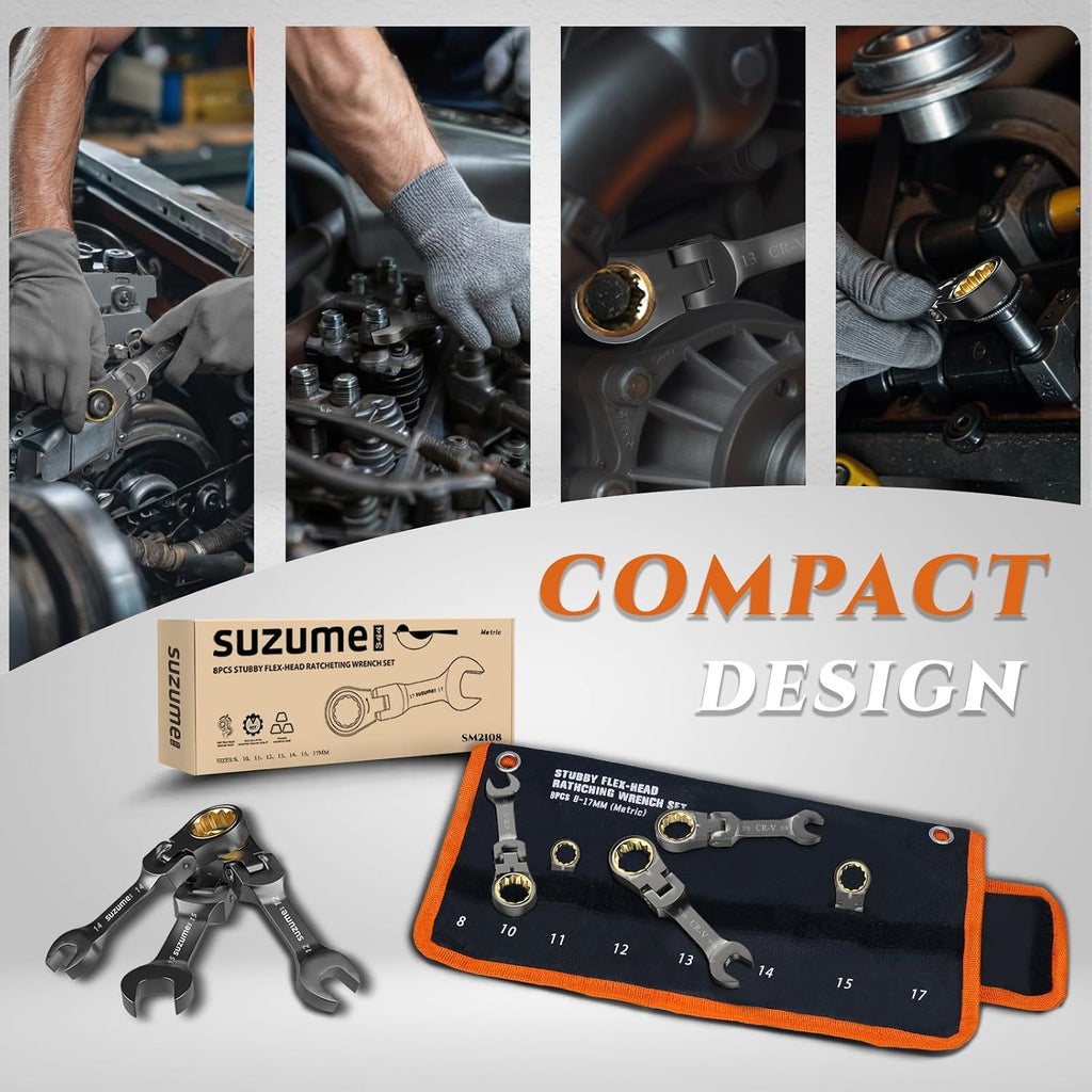 SUZUME 8PCS Stubby Metric Wrenches Set (8-17mm) & 24PCS Metric and SAE Flex Head Ratcheting Wrench set
