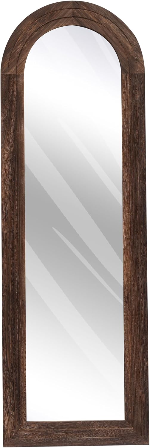 ZHUNFA Arched Full Length Mirror with Solid Wood Frame, 65x22 Farmhouse Wall Mounted Floor Mirror with Stand, Vertical Hanging, Leaning Standing for Bedroom, Living Room, Brown