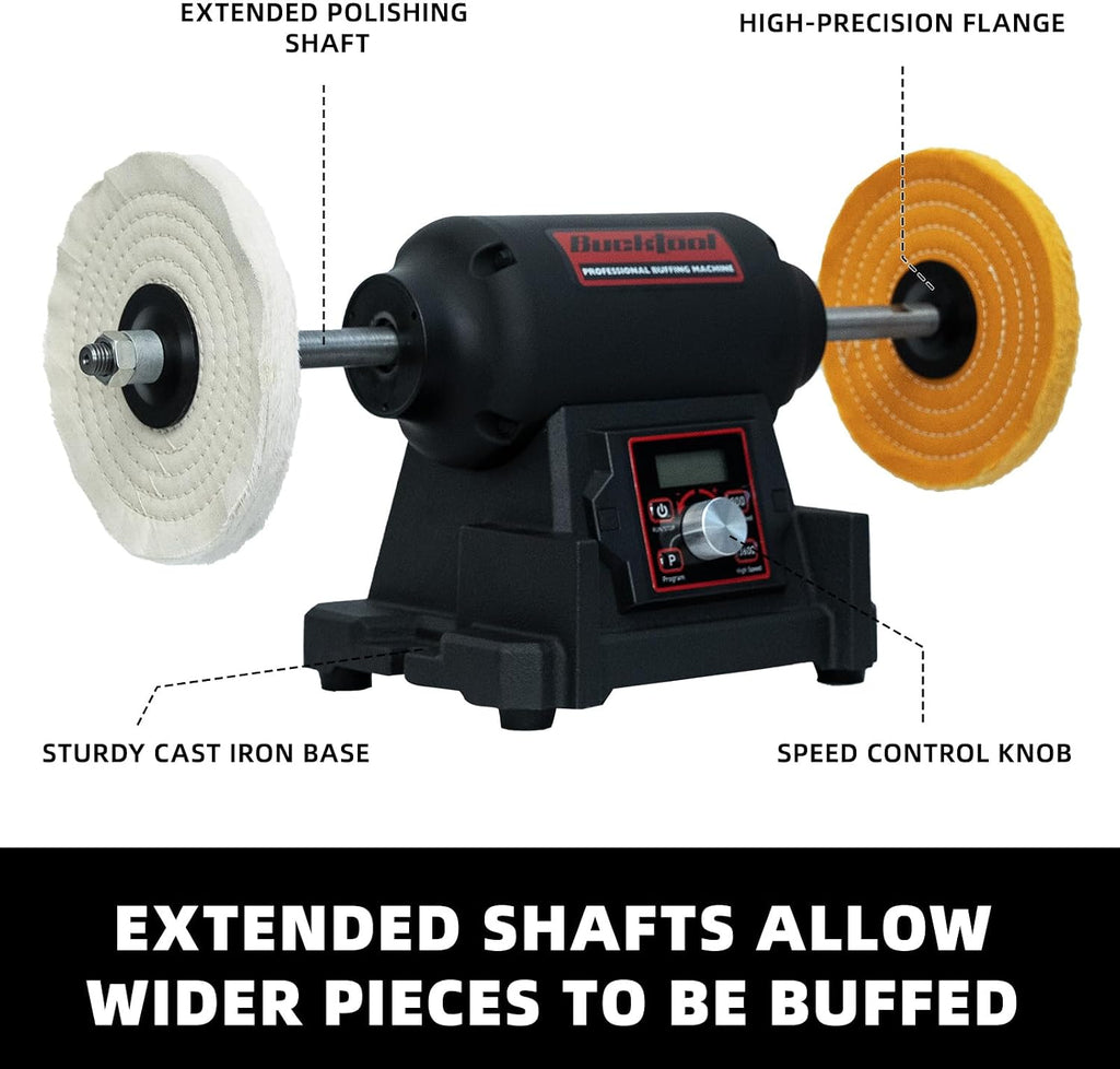 BUCKTOOL 1HP VFD Motor 8-Inch Variable Speed Bench Buffer Polisher, 900-3600 RPM One Button Speed Setting Powerful Benchtop Polisher, Extended Polishing Shaft for Jewelry, Metal Power Bench Grinders