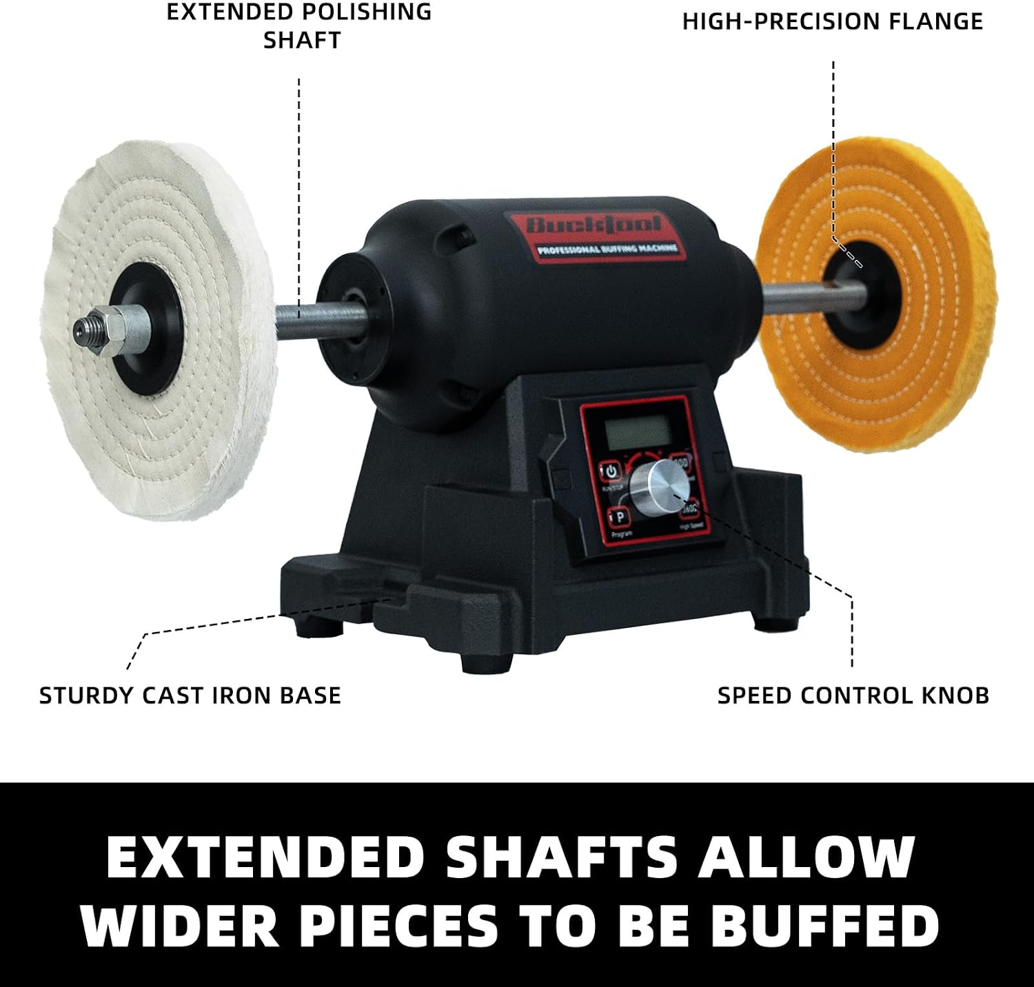 BUCKTOOL 1HP VFD Motor 8-Inch Variable Speed Bench Buffer Polisher, 900-3600 RPM One Button Speed Setting Powerful Benchtop Polisher, Extended Polishing Shaft for Jewelry, Metal Power Bench Grinders