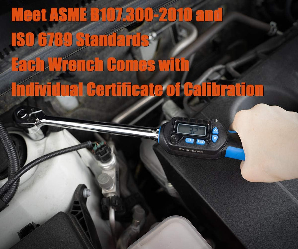 1/2 inch Digital Torque Wrench, 5-99.5 ft-lbs (6.8-135 N-m) Torque Range, Sequential LED and Buzzer, Calibrated (WSP4-135CN)