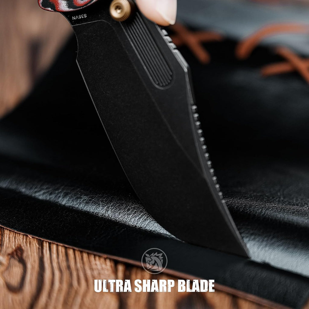 Vosteed Naga EDC Folding Pocket Knife - 3.47' S35VN Black Stonewash Blade - Top Liner Lock, Scarlet Void Micarta Handle - Camping, Hunting Knives - A3905