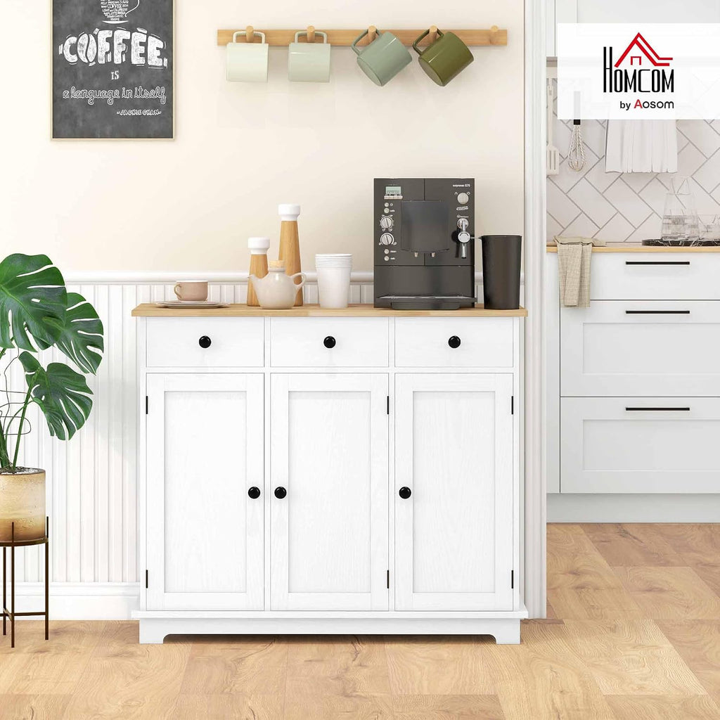 HOMCOM Sideboard Buffet Cabinet with Solid Wood Countertop, Modern Kitchen Storage Cabinet, Coffee Bar Cabinet with 3 Drawers, Doors and Adjustable Shelf, Distressed White